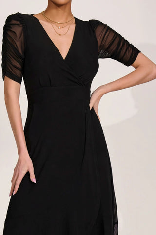 Ruched Sleeve Mesh Maxi Dress, Black