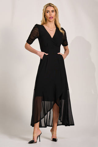 Ruched Sleeve Mesh Maxi Dress, Black