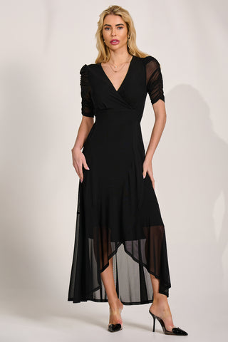 Ruched Sleeve Mesh Maxi Dress, Black