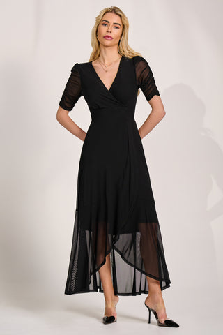 Ruched Sleeve Mesh Maxi Dress, Black