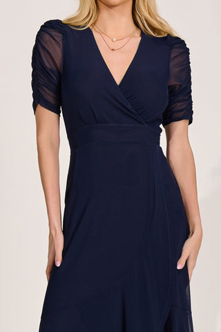 Ruched Sleeve Mesh Maxi Dress, Navy