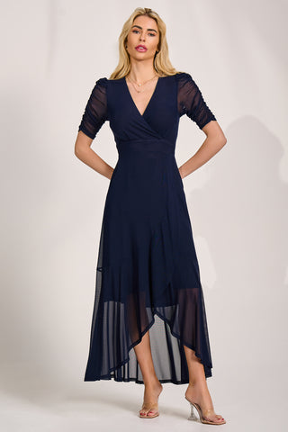Ruched Sleeve Mesh Maxi Dress, Navy