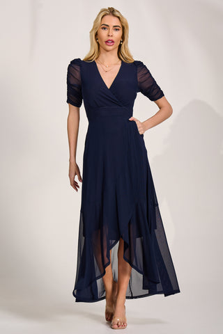 Ruched Sleeve Mesh Maxi Dress, Navy