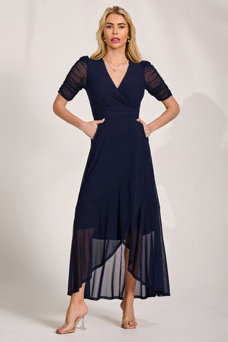 Ruched Sleeve Mesh Maxi Dress, Navy