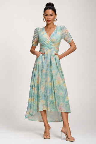 Petite Mesh Print Dip Hem Maxi Dress, Green Multi