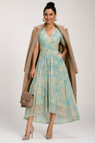 Petite Mesh Print Dip Hem Maxi Dress, Green Multi