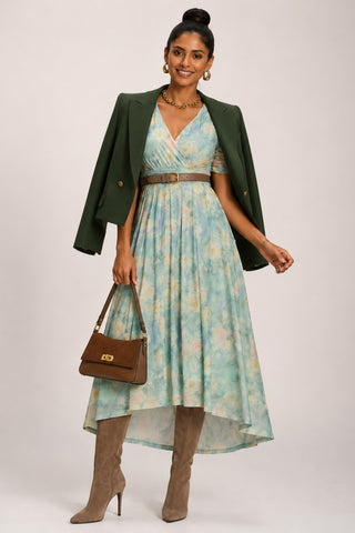 Petite Mesh Print Dip Hem Maxi Dress, Green Multi