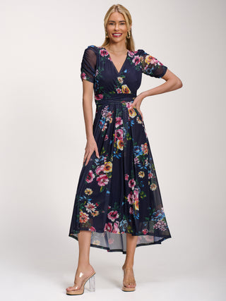 Petite Mesh Print Dip Hem Maxi Dress, Navy Floral