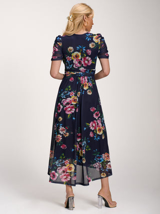 Petite Mesh Print Dip Hem Maxi Dress, Navy Floral