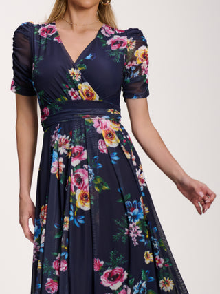 Petite Mesh Print Dip Hem Maxi Dress, Navy Floral