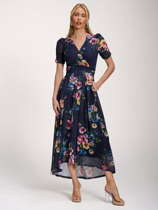 Petite Mesh Print Dip Hem Maxi Dress, Navy Floral