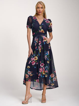 Petite Mesh Print Dip Hem Maxi Dress, Navy Floral