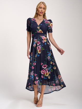 Petite Mesh Print Dip Hem Maxi Dress, Navy Floral
