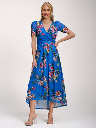 Petite Mesh Print Dip Hem Maxi Dress, Royal Blue Floral