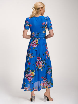 Petite Mesh Print Dip Hem Maxi Dress, Royal Blue Floral