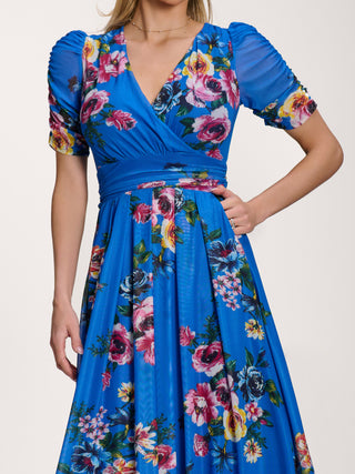 Petite Mesh Print Dip Hem Maxi Dress, Royal Blue Floral