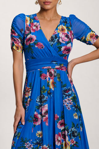 Petite Mesh Print Dip Hem Maxi Dress, Royal Blue Floral