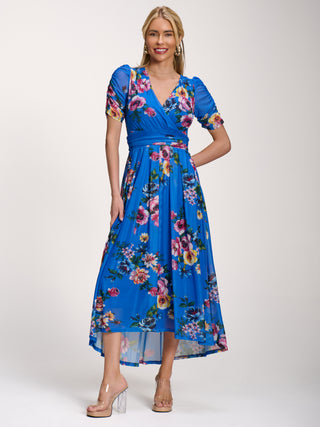 Petite Mesh Print Dip Hem Maxi Dress, Royal Blue Floral