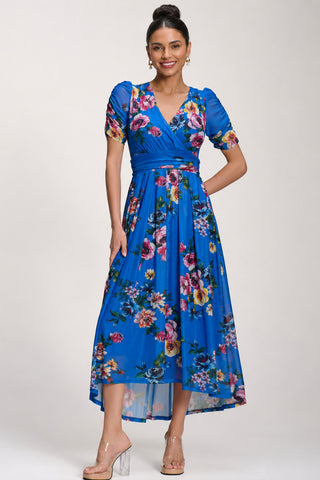 Petite Mesh Print Dip Hem Maxi Dress, Royal Blue Floral