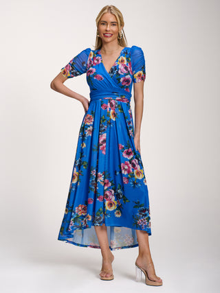 Petite Mesh Print Dip Hem Maxi Dress, Royal Blue Floral