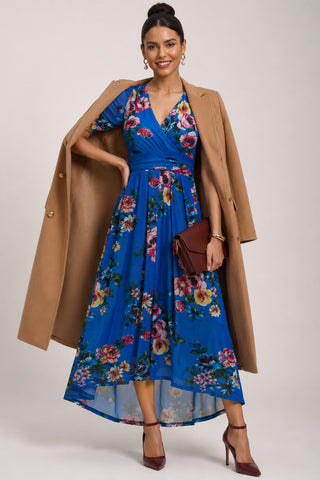 Petite Mesh Print Dip Hem Maxi Dress, Royal Blue Floral