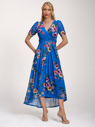 Petite Mesh Print Dip Hem Maxi Dress, Royal Blue Floral