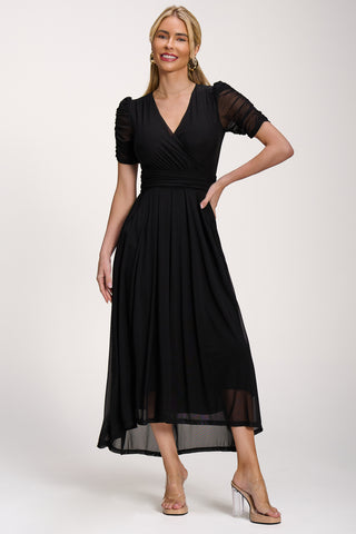 Petite Mesh Ruched Sleeve Maxi Dress, Black