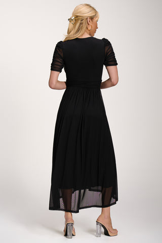 Petite Mesh Ruched Sleeve Maxi Dress, Black
