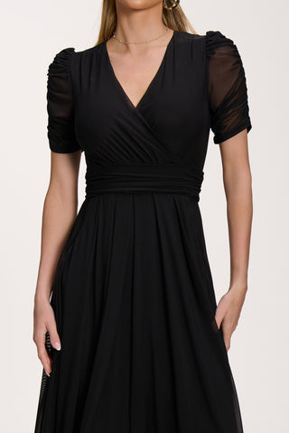Petite Mesh Ruched Sleeve Maxi Dress, Black