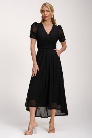 Petite Mesh Ruched Sleeve Maxi Dress, Black