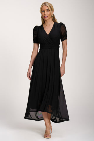 Petite Mesh Ruched Sleeve Maxi Dress, Black