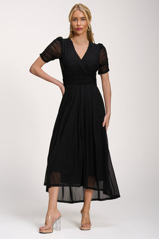 Petite Mesh Ruched Sleeve Maxi Dress, Black