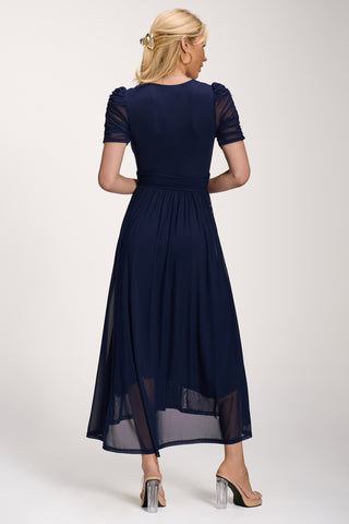 Petite Mesh Ruched Sleeve Maxi Dress, Navy
