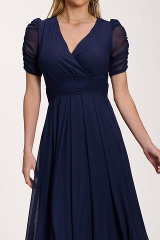 Petite Mesh Ruched Sleeve Maxi Dress, Navy