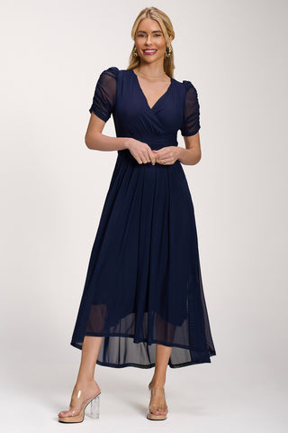 Petite Mesh Ruched Sleeve Maxi Dress, Navy