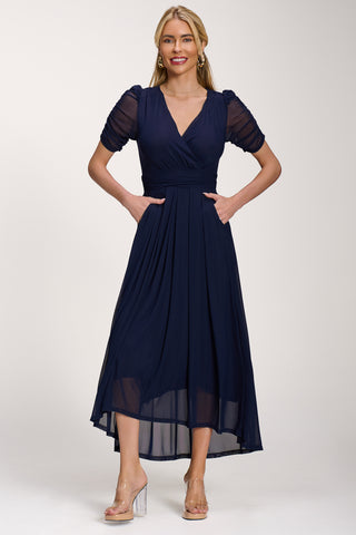 Petite Mesh Ruched Sleeve Maxi Dress, Navy