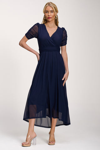 Petite Mesh Ruched Sleeve Maxi Dress, Navy
