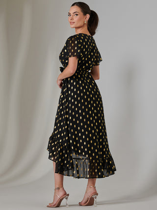 black and gold midi dress with sleeves Gold & Black Contrast Midi Dress Chic Semi-Formal Elegance Al Zarif