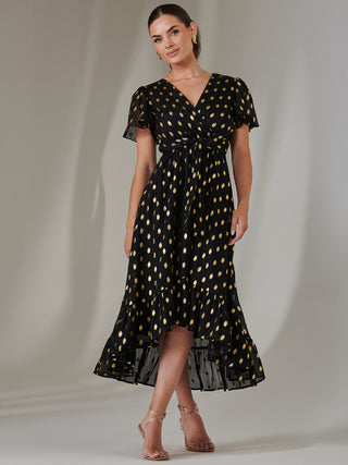 Petite Short Sleeve Midaxi Dress, Black/Gold