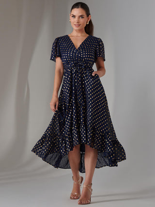 Petite Short Sleeve Midaxi Dress, Navy/Gold