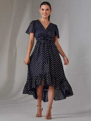 Petite Short Sleeve Midaxi Dress, Navy/Gold Jolie Moi Retail Petite Short Sleeve Midaxi Dress, Navy/Gold Jolie Moi Retail