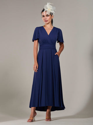 short sleeve maxi dress uk Satin Short-Sleeve Wrapped Waist Maxi Dress in Magenta