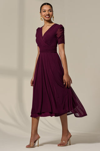 Petite Wrap Front Puff Sleeve Midaxi Dress, Dark Purple
