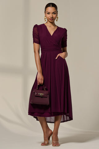 Petite Wrap Front Puff Sleeve Midaxi Dress, Dark Purple