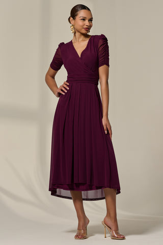 Petite Wrap Front Puff Sleeve Midaxi Dress, Dark Purple