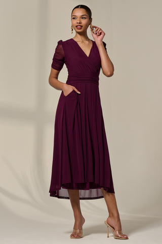 Petite Wrap Front Puff Sleeve Midaxi Dress, Dark Purple