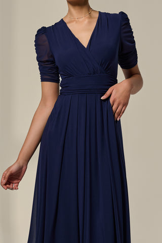 Petite Wrap Front Puff Sleeve Midaxi Dress, Navy