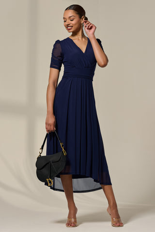 Petite Wrap Front Puff Sleeve Midaxi Dress, Navy