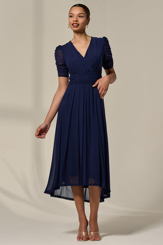 Petite Wrap Front Puff Sleeve Midaxi Dress, Navy