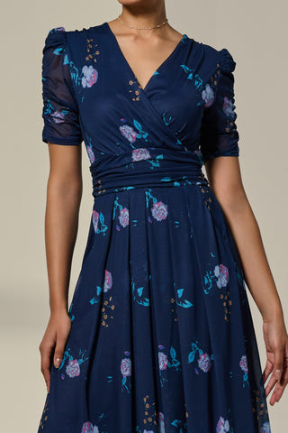 Petite Wrap Front Ruched Sleeve Midi Dress, Navy Floral